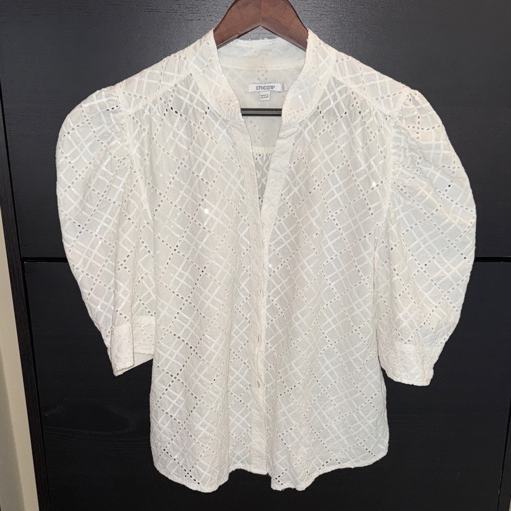 Chico's White Embroidered Eyelet Puff-Sleeve Blouse